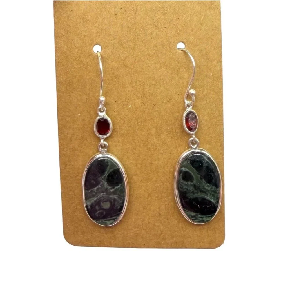 African Kambaba Jasper Garnet Earrings Solid 925 Sterling Silver